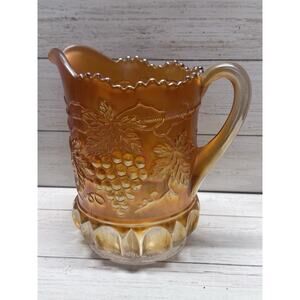 Antique NORTHWOOD GRAPE & CABLE Marigold Carnival Glass Handled Pitcher c.1910
